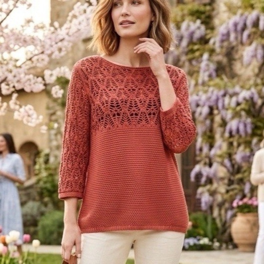 Chico's Sz 2 Dannie Sweater 3/4 Sleeve Boat Neck Lacey Crochet‎ Cotton Blend